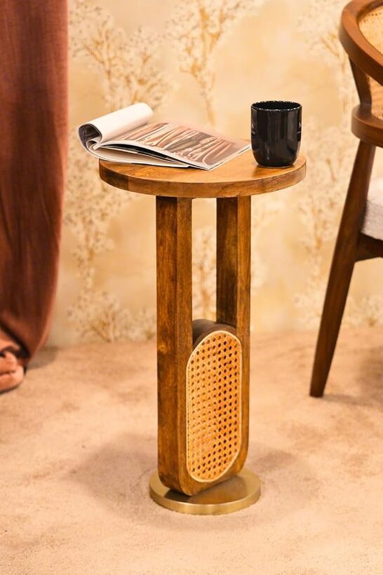 Round Solid Wood Coffee Table with Woven Cane Base